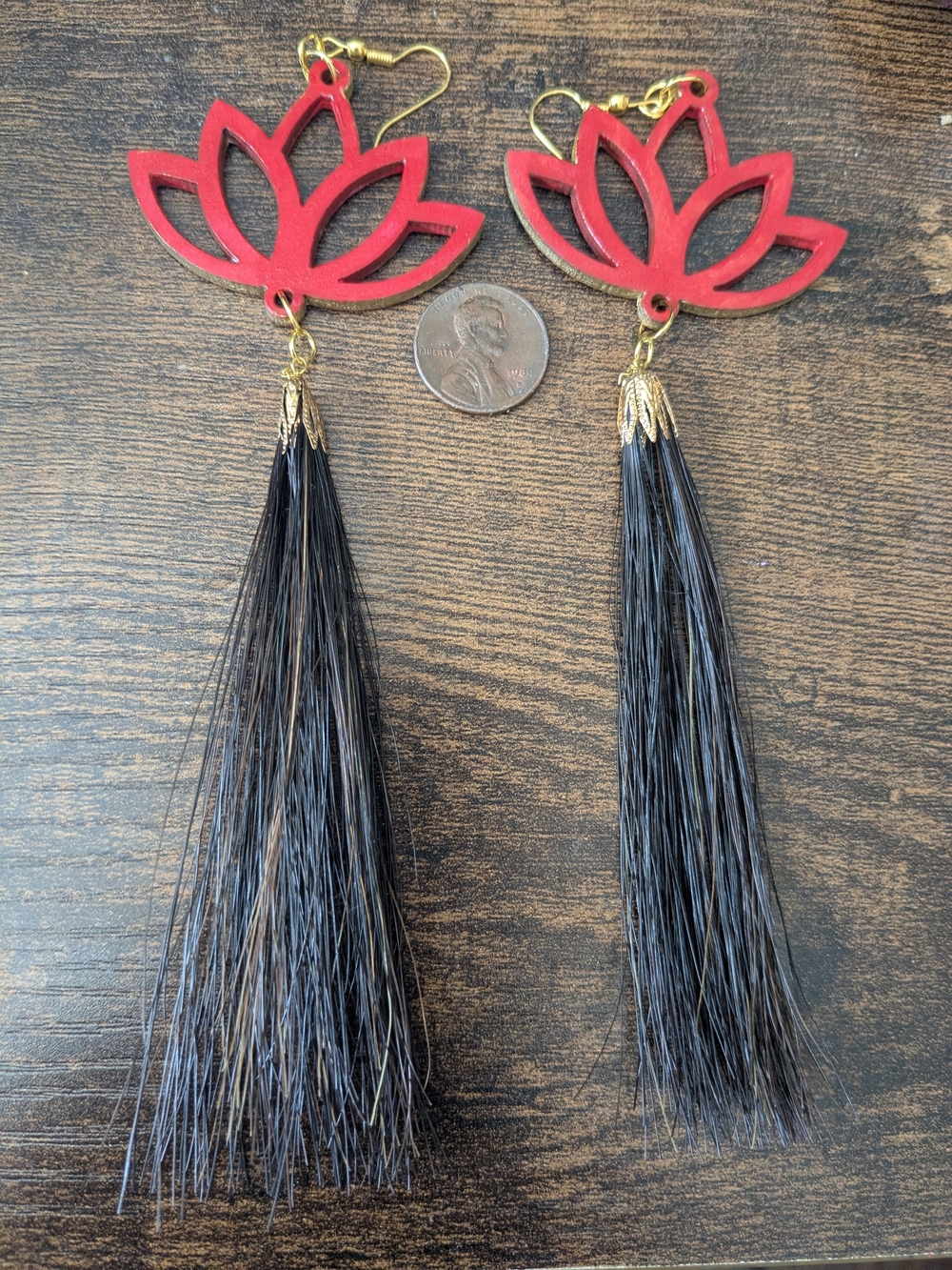 Red Native American Lotus Horse Hair Tassel Earrings